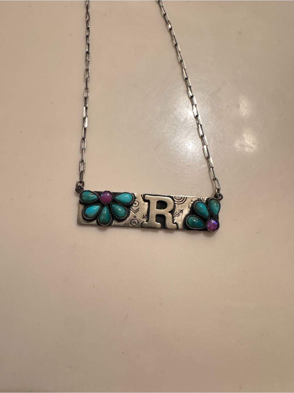 Initial R flower bar necklace - Turquoise and pink opal